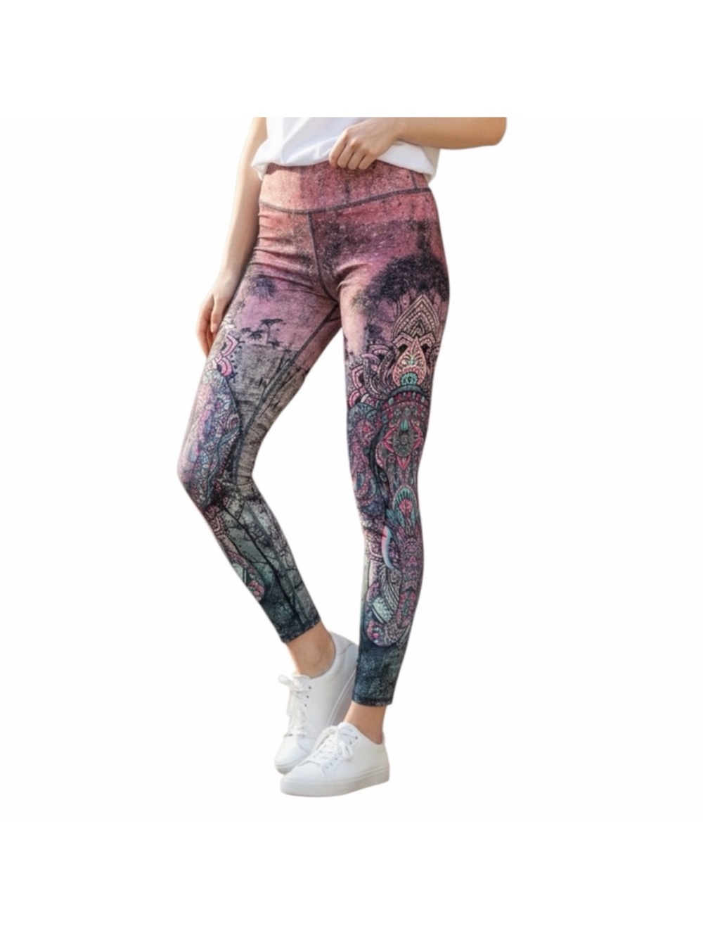 Evolution and Creation pink and blue elephant print yoga leggings size M Guc